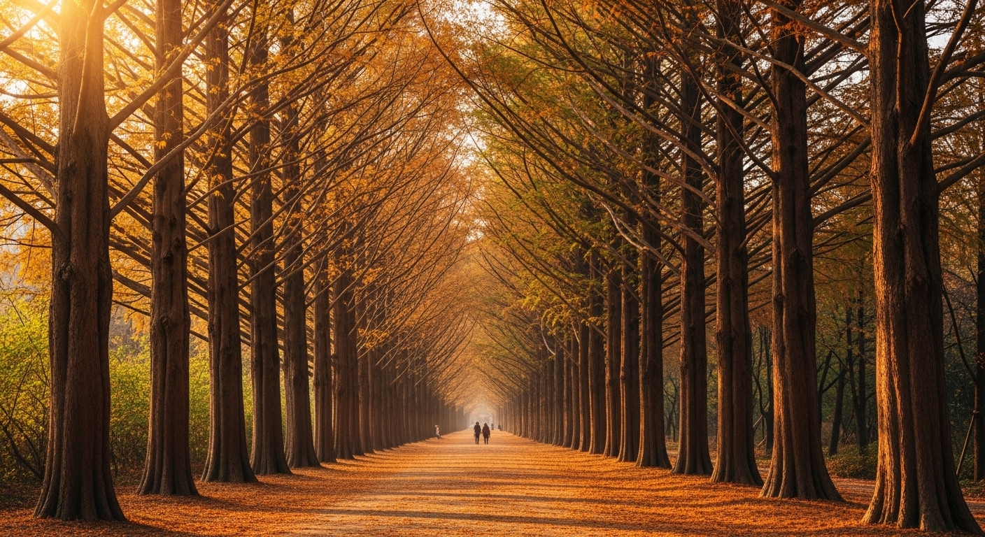 2025년 가을, 담양 메타세콰이어길의 황금빛 가로수와 산책하는 사람들.