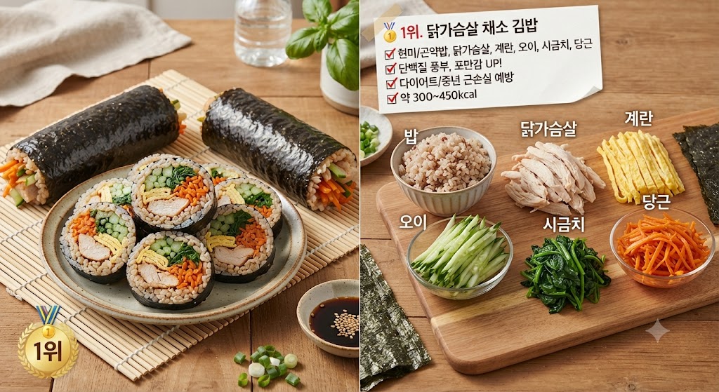 다이어트 김밥 순위 1위, 닭가슴살 채소 김밥 - 현미곤약밥과 풍부한 채소, 닭가슴살 속재료