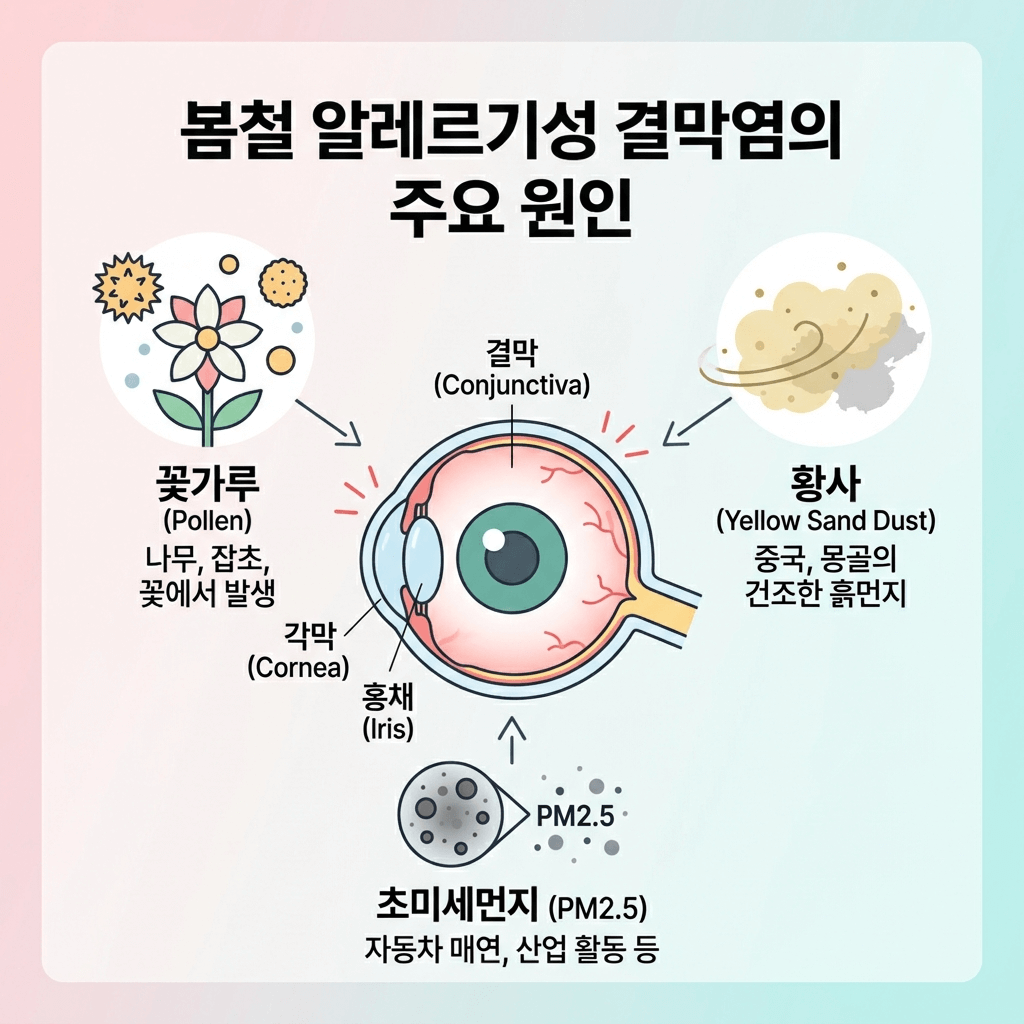봄철 알레르기 결막염 원인 꽃가루 황사 미세먼지