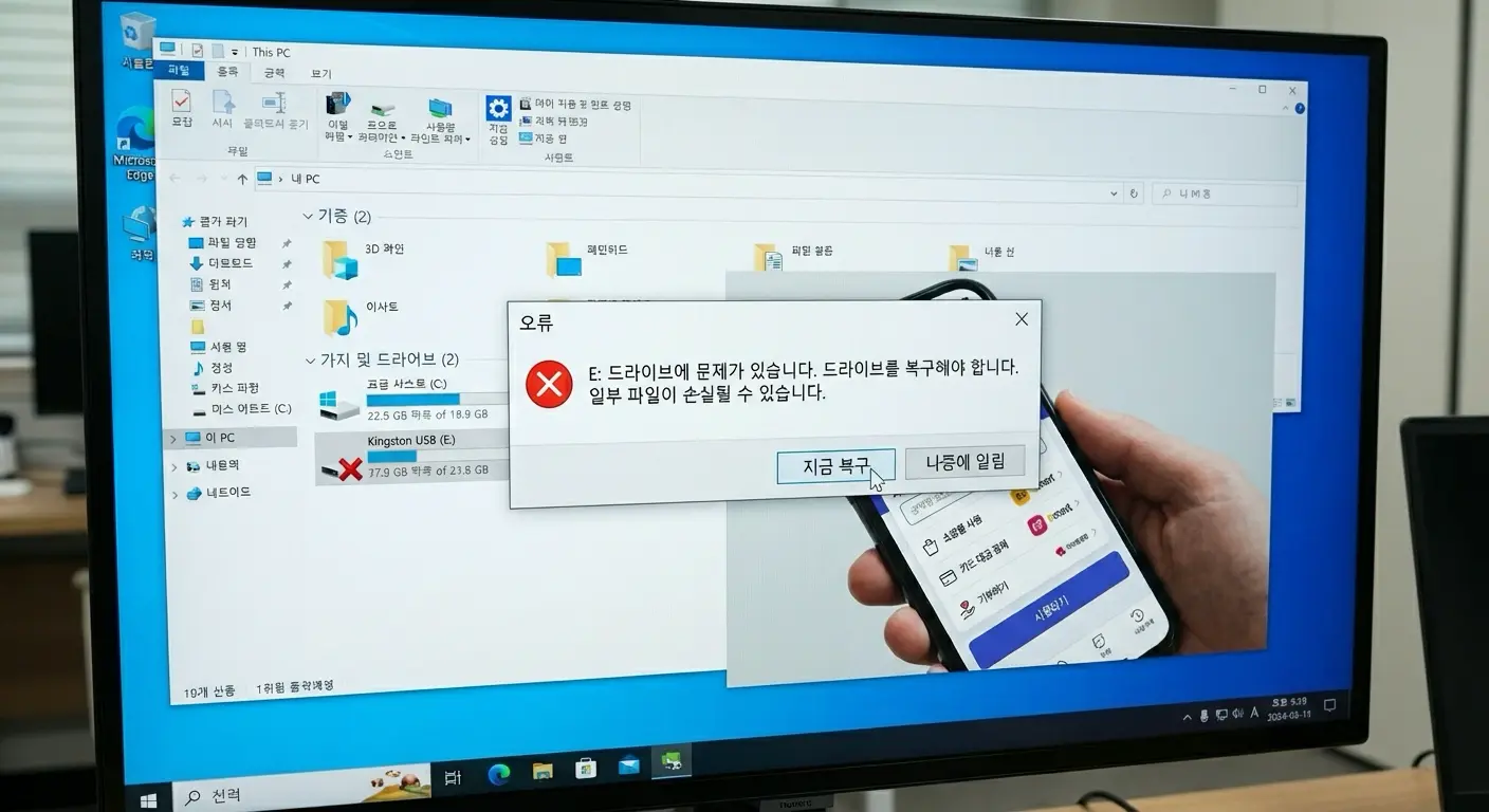 USB 드라이브 오류 메시지 화면