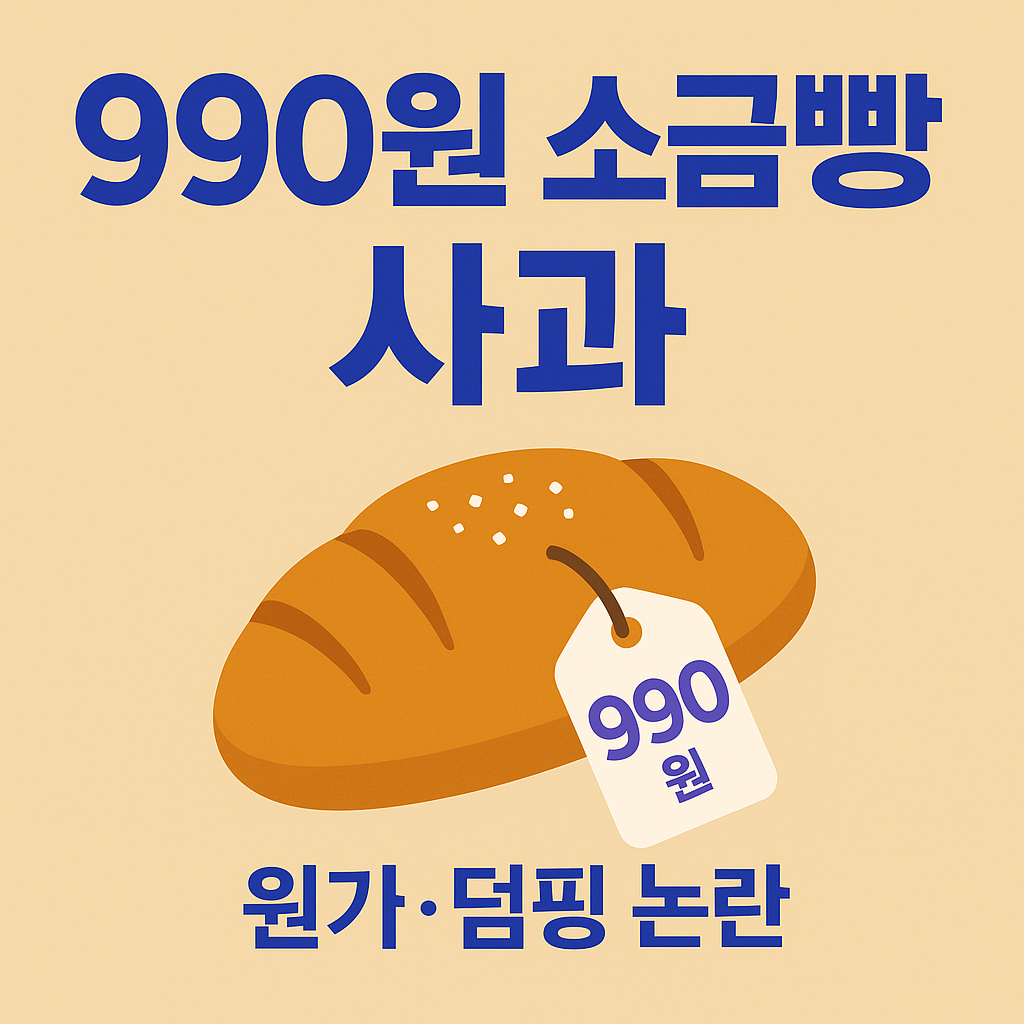연베이지 배경에 소금빵 일러스트와 ‘990원 소금빵 사과’ 큰 제목, 하단에 ‘원가·덤핑 논란’ 문구가 들어간 썸네일