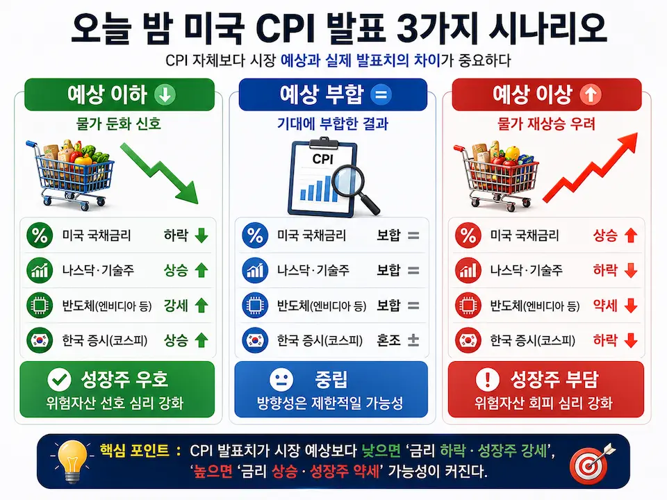 미국 CPI가 예상 이하 예상 부합 예상 이상으로 발표될 경우 금리 나스닥 반도체 코스피 영향을 비교한 이미지