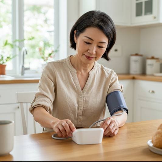 소포리코사이드의 효능 갱년기 혈압 조절, 혈압 측정하는 중년 여성 사진