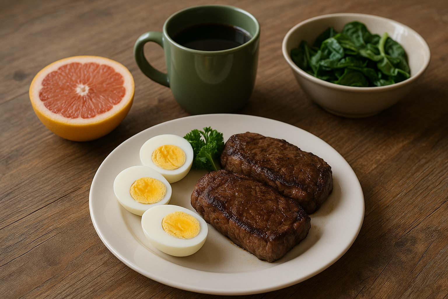 덴마크 다이어트 예시 식단: 삶은 달걀·스테이크·자몽 반쪽·블랙커피·시금치 한 그릇이 놓인 접시
