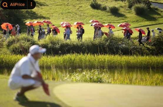 골프대회를 하고 있는 중 멀리 갤러리들이 선수를 보고 있는 이미지