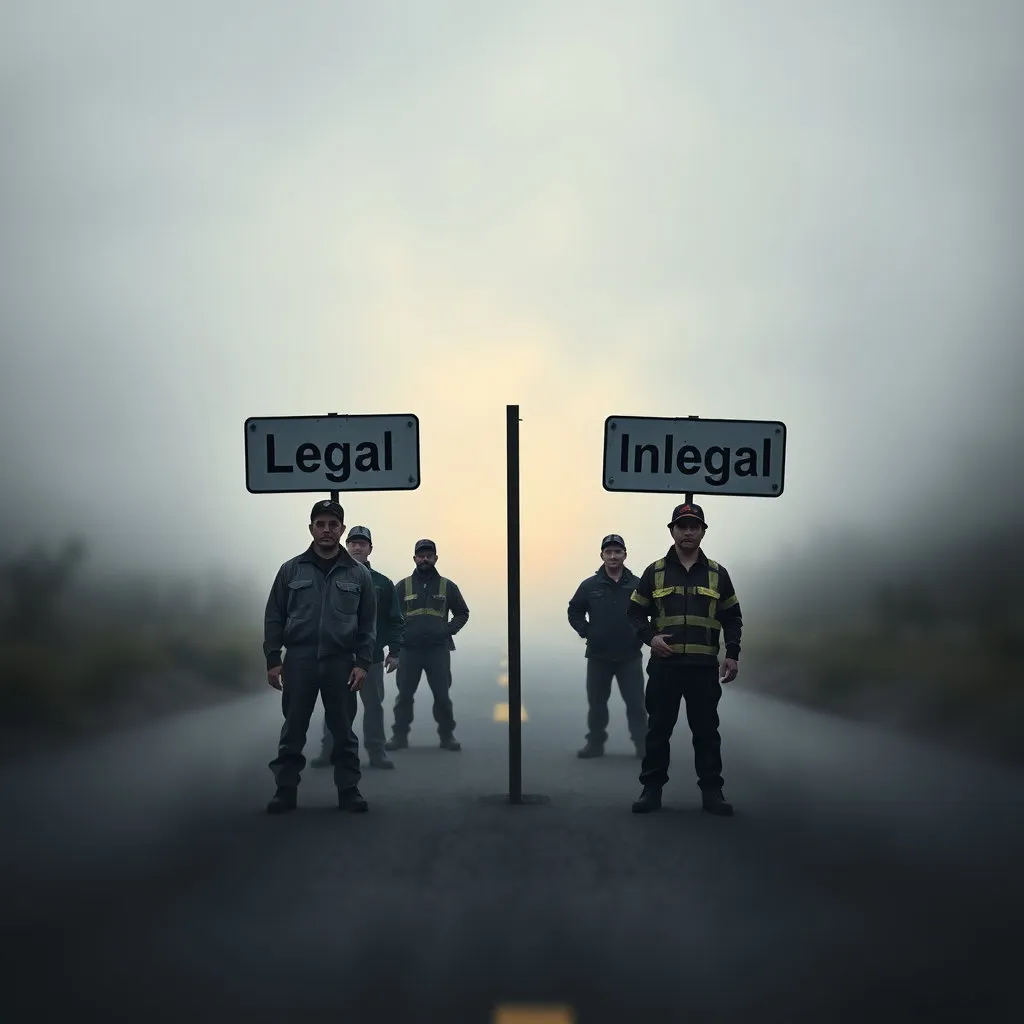 흐릿한 안개 속에서 두 갈래의 길이 나타나며, 한쪽 길은 밝은 빛이 비추고 다른 길은 어두운 그림자가 드리워져 있습니다. 갈림길에는 '합법'과 '불법'을 나타내는 표지판이 있으며, 노동자들이 그 경계선에 서서 고민하는 모습