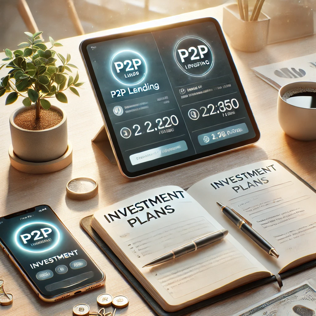 &quot;P2P 투자: P2P 대출 플랫폼이 표시된 태블릿, 'Investment Plans' 노트, 펜, 커피잔, 투자 수익 알림이 표시된 스마트폰이 있는 책상. 배경은 화분과 부드러운 자연광이 드는 미니멀한 사무실.&quot;
