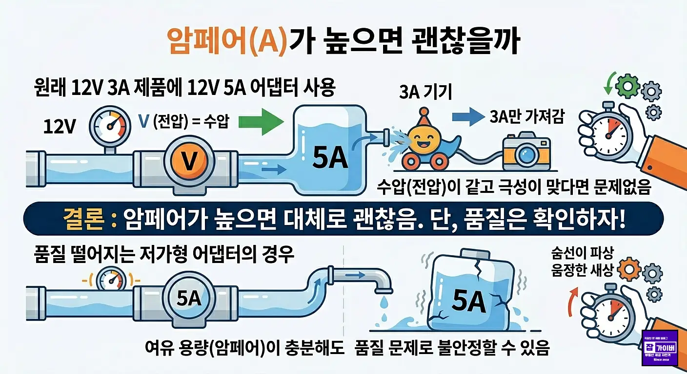 3 암페어가 높은 어댑터를 사용해도 전압과 극성이 같다면 문제없다는 점 시각화.