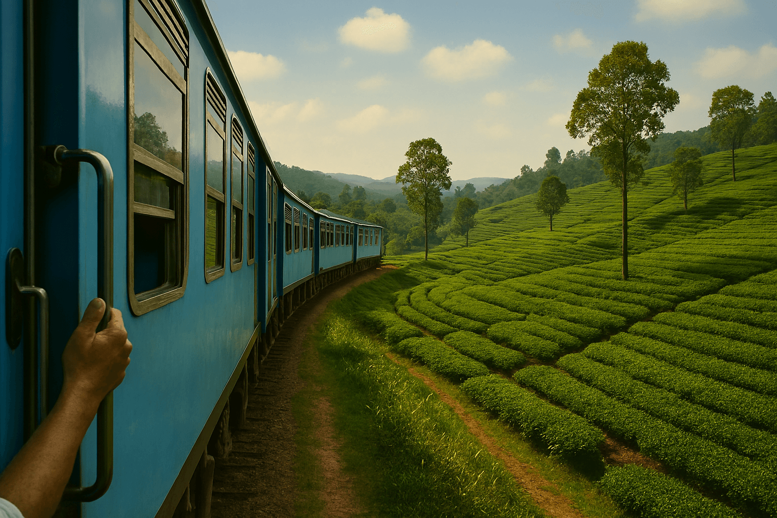 오래된 기차의 창문 너머로 보이는 스리랑카의 광활한 차밭 풍경. 녹색 물결이 끝없이 이어지고, 간간이 보이는 작은 마을과 언덕이 조화를 이룬다