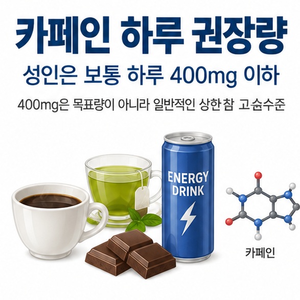 카페인 하루 권장량이라는 제목과 커피, 차, 에너지음료, 카페인 mg 표시를 함께 표현한 대표 이미지