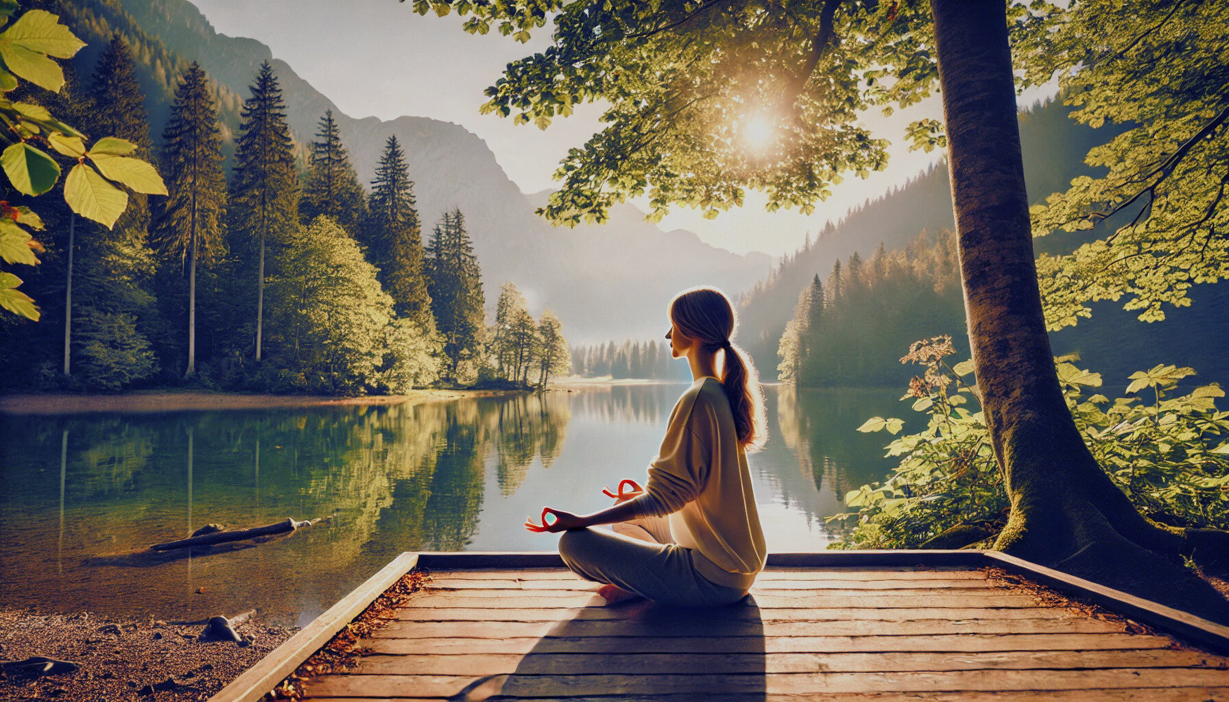 자연 속에서 평온하게 명상하는 장면 나무 데크 위에서 명상하는 사람