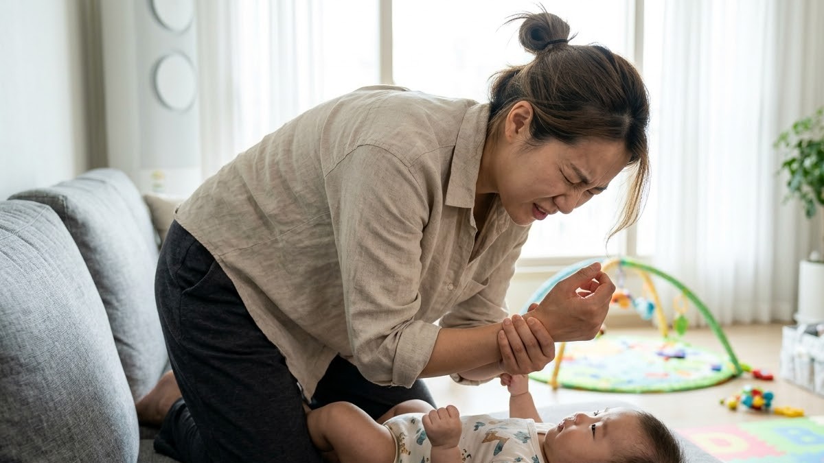 아기를 돌보다 손목 엄지 쪽을 잡고 얼굴을 찡그리는 엄마