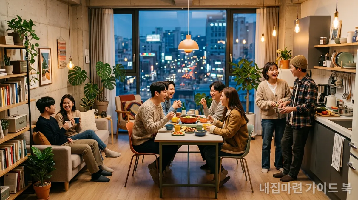젊은 한국인들이 어울리는 현대적이고 효율적인 코리빙 공간