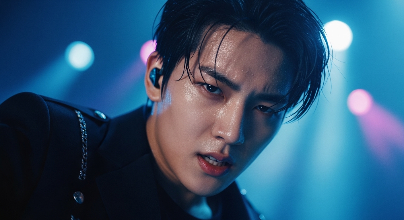 몬스타엑스 멤버가 무대 위에서 열정적으로 퍼포먼스하는 모습, 클로즈업된 얼굴에 땀방울이 맺혀 있다.