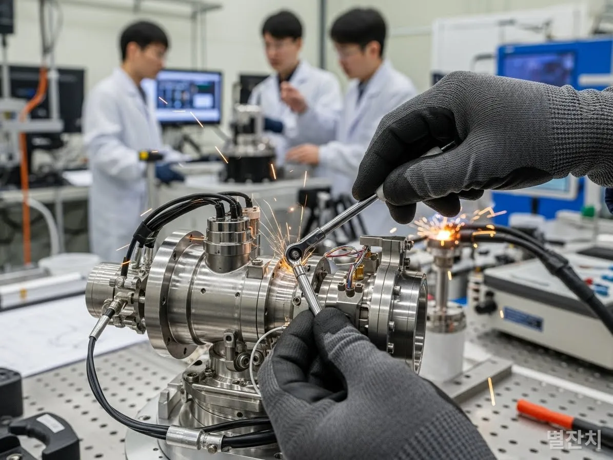 정밀한 로켓 부품을 조립하고 테스트하는 한국 엔지니어의 섬세한 손길