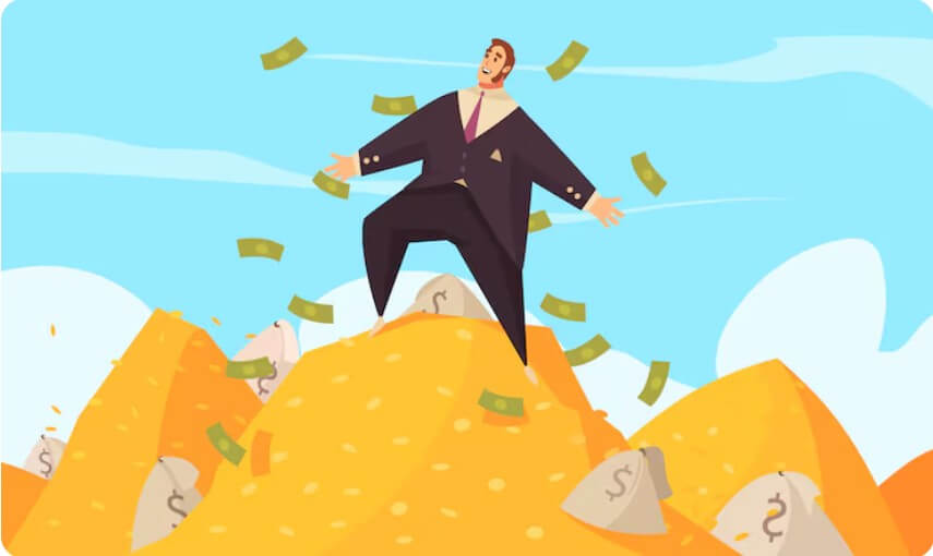 금화 위에 우뚝 서 있는 사람