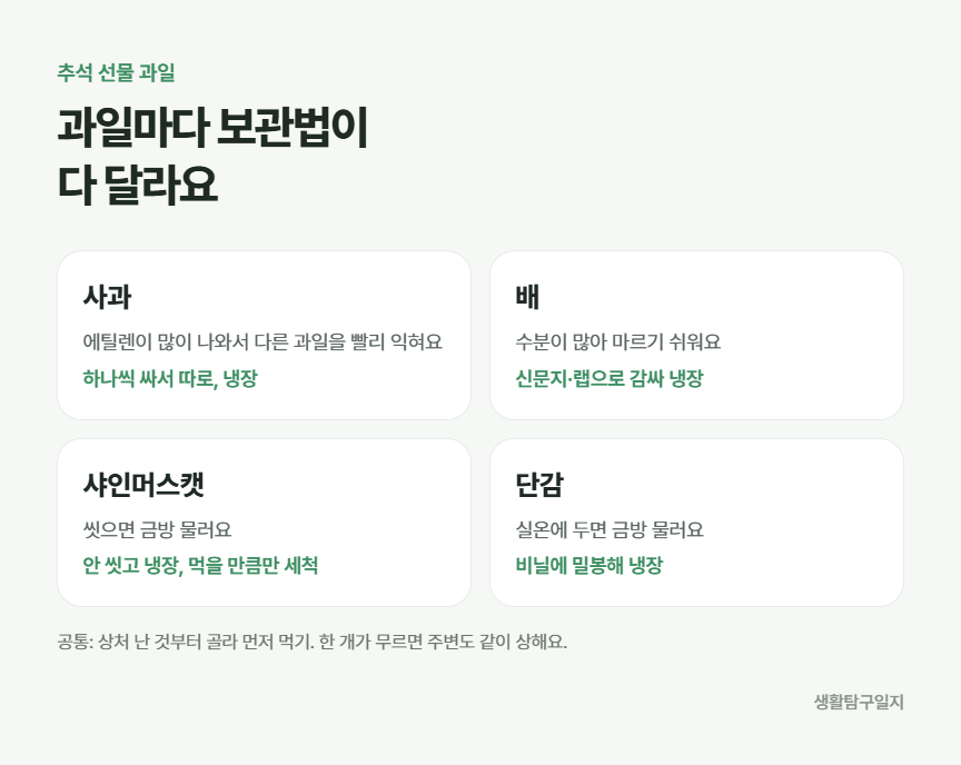 추석 선물 과일 사과 배 샤인머스캣 단감 보관법