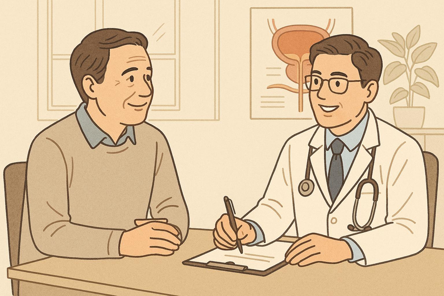 전립선 질환 증상이 있는 중년 남성이 의사와 진료상담을 하고있는 모습 만화체 그림