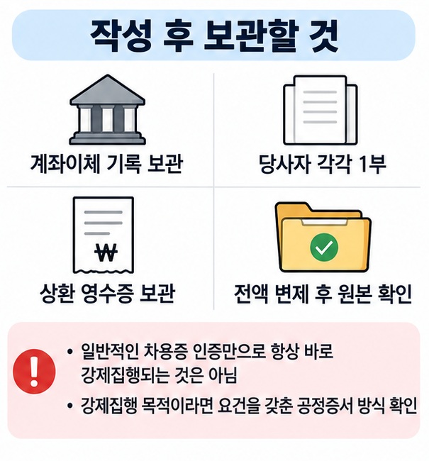 계좌이체 내역과 차용증 보관 및 공증 확인 사항을 정리한 인포그래픽