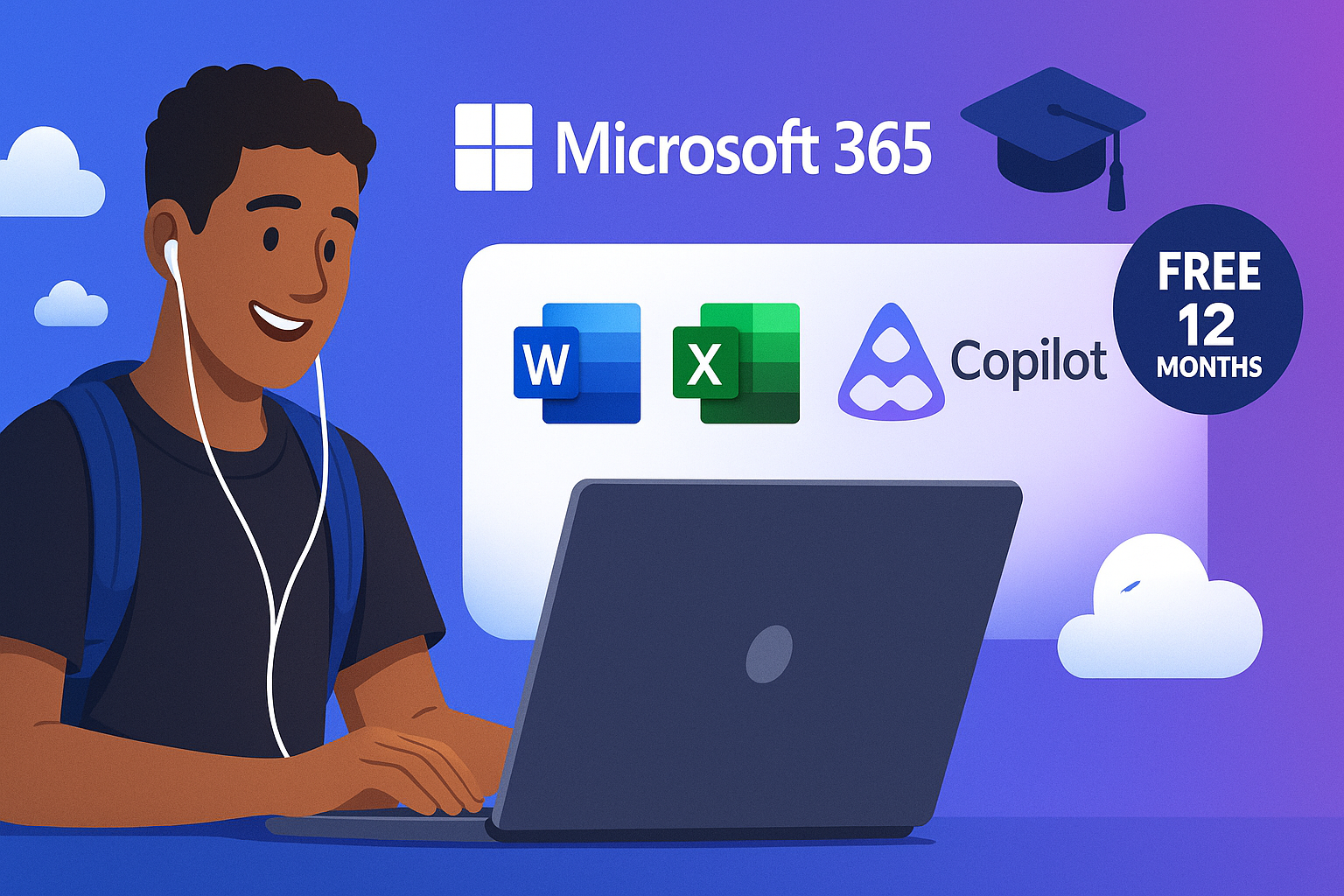 Microsoft 365 Personal and Copilot AI free 12-month offer for college students with cloud storage and productivity apps