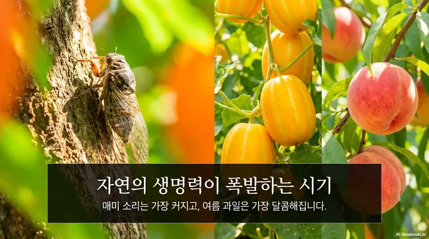 대서 절기의 매미와 참외 복숭아 등 여름 자연 풍경