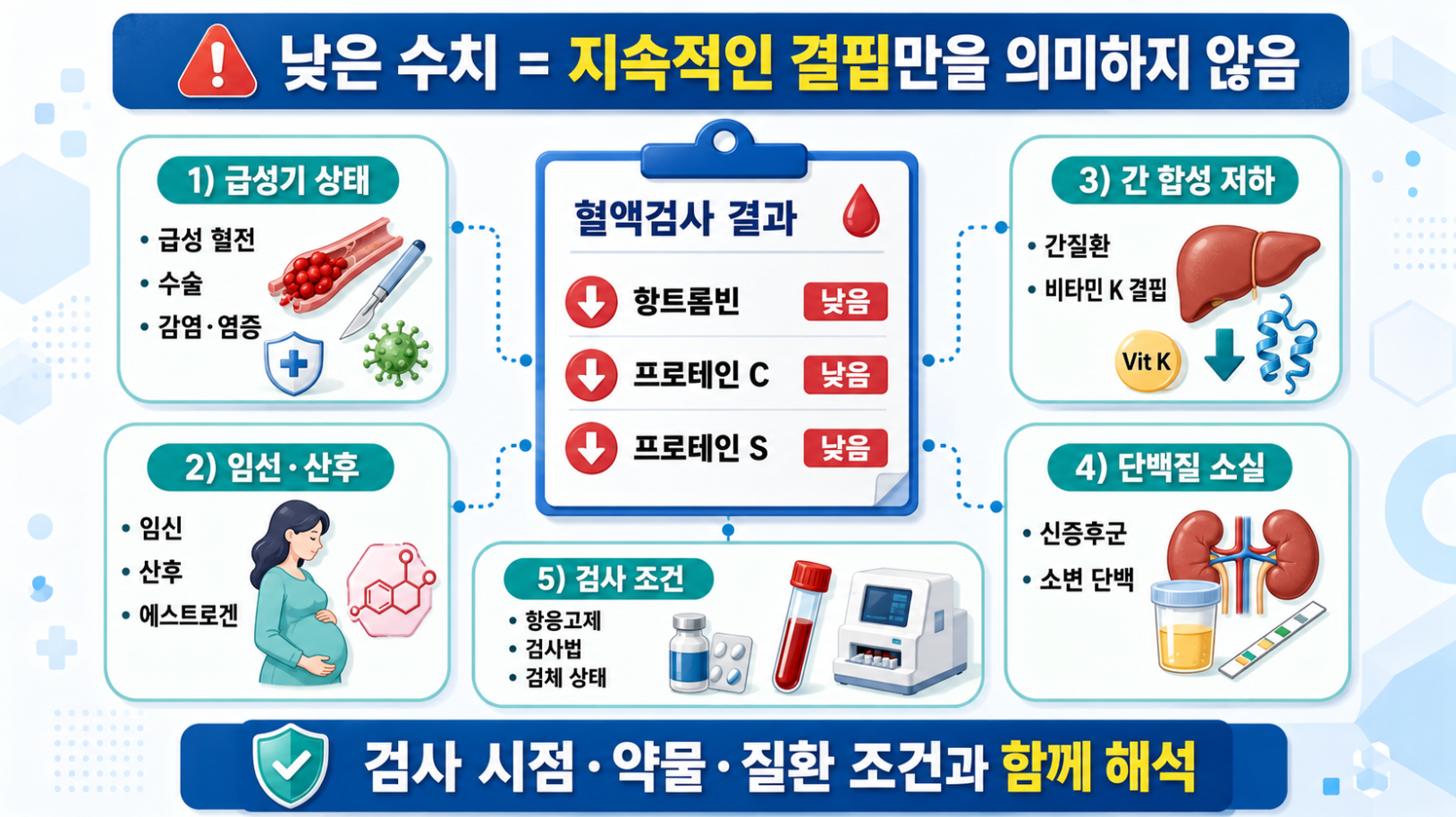 항트롬빈·프로테인 C·프로테인 S 수치가 낮게 나오는 급성기 상태, 임신, 간질환, 단백질 소실, 검사 조건을 정리한 의료 인포그래픽