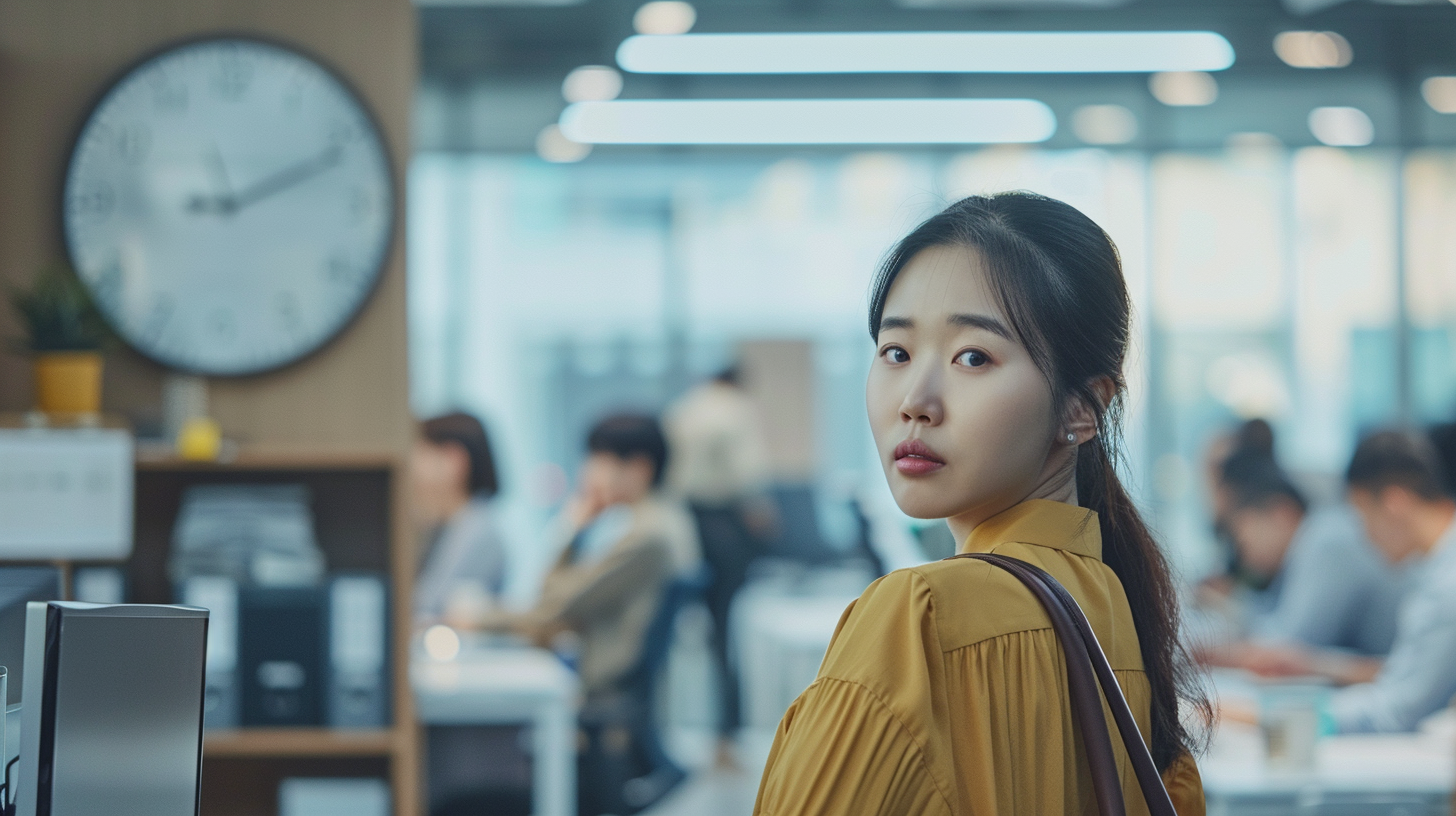 시계를 보며 오후 반차 퇴근을 준비하는 직장인