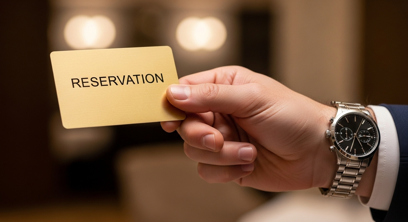 예약 성공을 상징하는 황금빛 예약 카드와 세련된 시계를 착용한 남성의 손