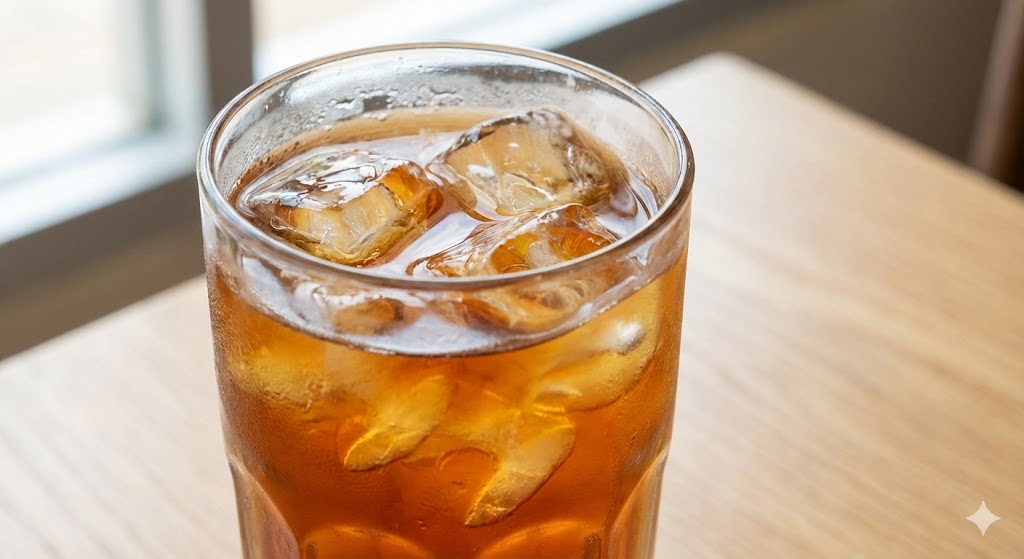 투명한-유리잔에-담긴-차가운-갈색-음료에-커다란-각얼음이-떠-있고,-얼음-주변으로-녹은-물이-소용돌이치며-음료와-섞이는-모습을-클로즈업으로-찍은-사진입니다.