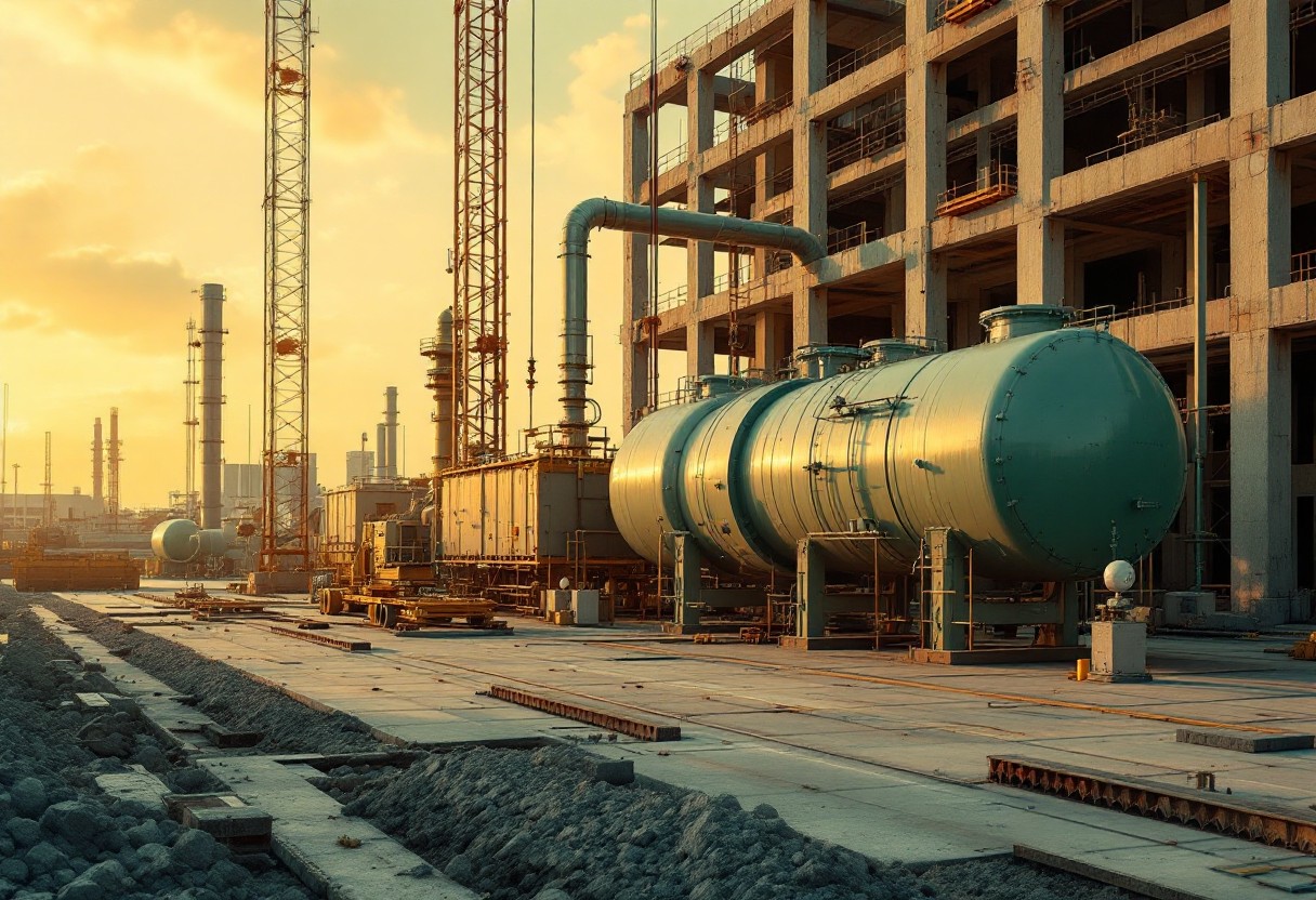 천연가스 인프라 확충을 위한 플랜트 건설 현장. 신규 LNG 프로젝트와 설비 투자의 중요성을 보여줍니다.