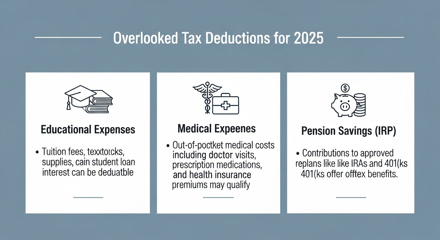 A visually engaging infographic-style image that summarizes key overlooked tax deduction categories for 2025, such as educational expenses, medical expenses, and pension savings (IRP). Use clean, minimalist icons for each category and clear text, set against a calming blue-grey background, making complex information easily digestible.