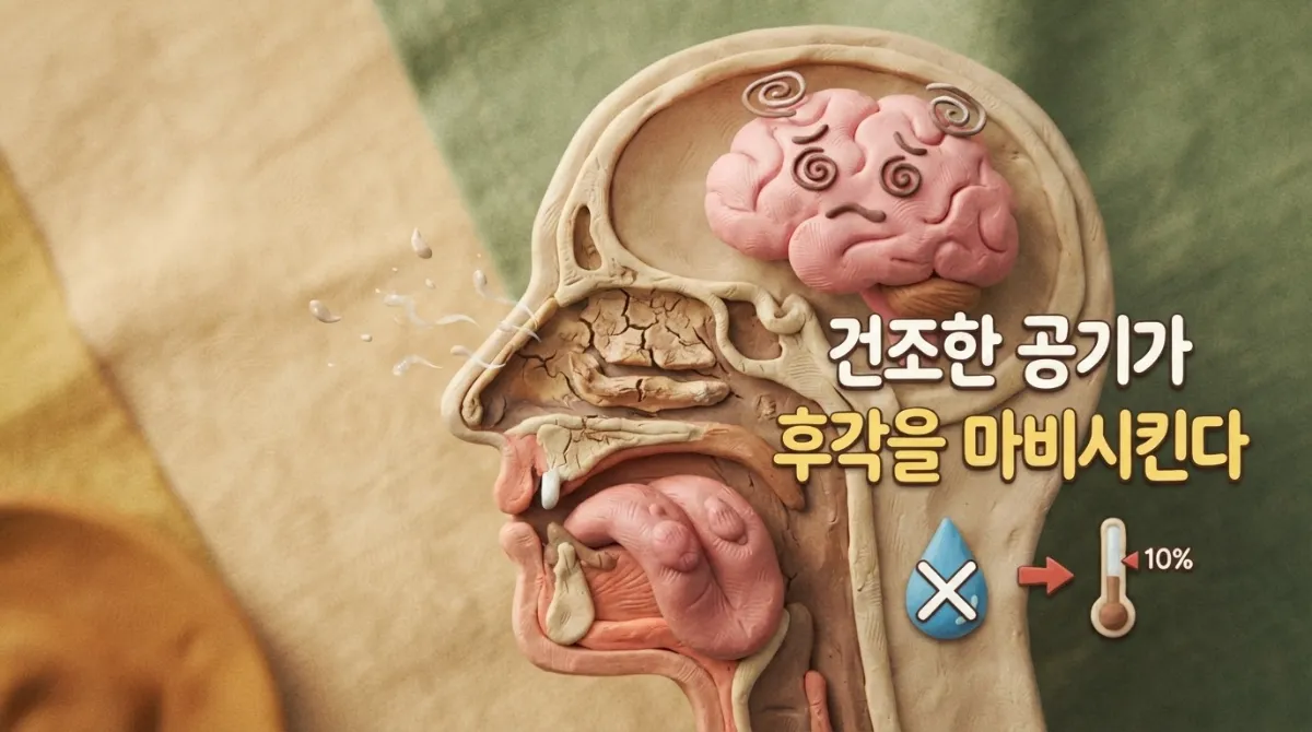 건조한 기내 공기로 인해 코 점막과 미뢰(맛봉오리)가 마비되는 과정을 단면도 형태로 설명하는 클레이 애니메이션 인포그래픽