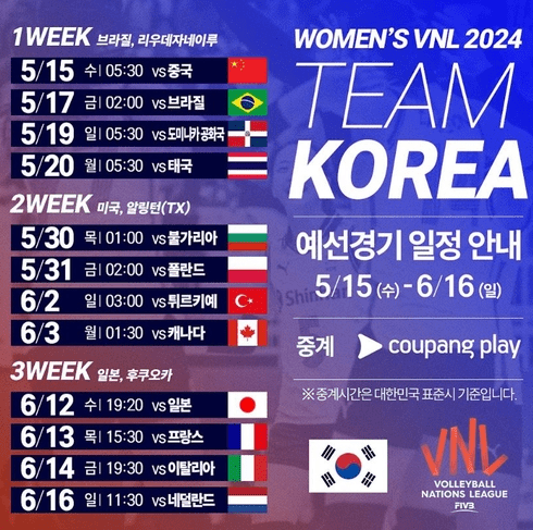 2024 FIVB 발리볼네이션스리그VNL 3주차 여자배구 중계 일정, 1,2주차 결과, 대표팀 명단