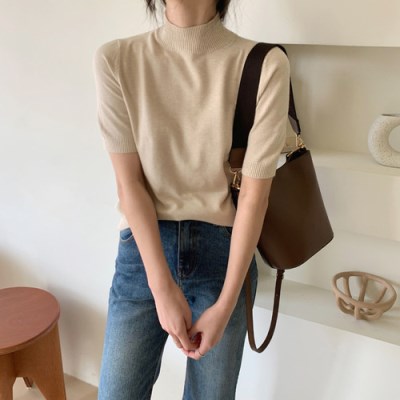 여성 반폴라 티 여자 반팔 목폴라 니트 셔츠 반