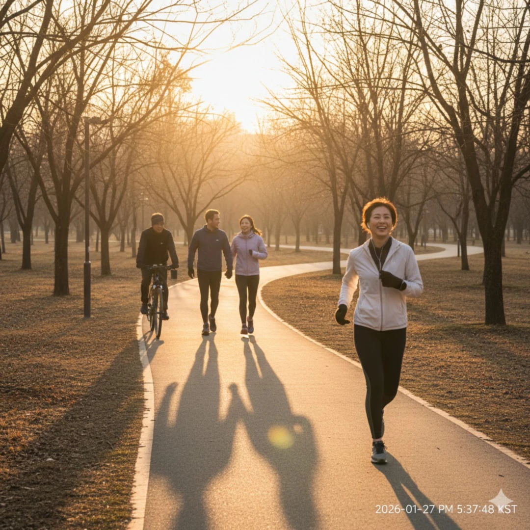 공원이나 자연 속에서 조깅&amp;#44; 걷기&amp;#44; 자전거 타기 등 가볍게 운동하는 사람들의 모습을 담습니다. 햇살이 비치는 밝고 상쾌한 분위기에서 즐겁게 움직이는 모습으로&amp;#44; 운동이 주는 활력과 건강함을 표현합니다.