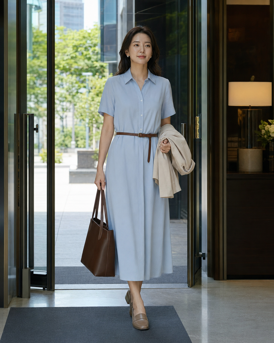 외부 미팅이 있는 날처럼 색과 아이템을 연결해 전체 착장을 정돈한 코디입니다.