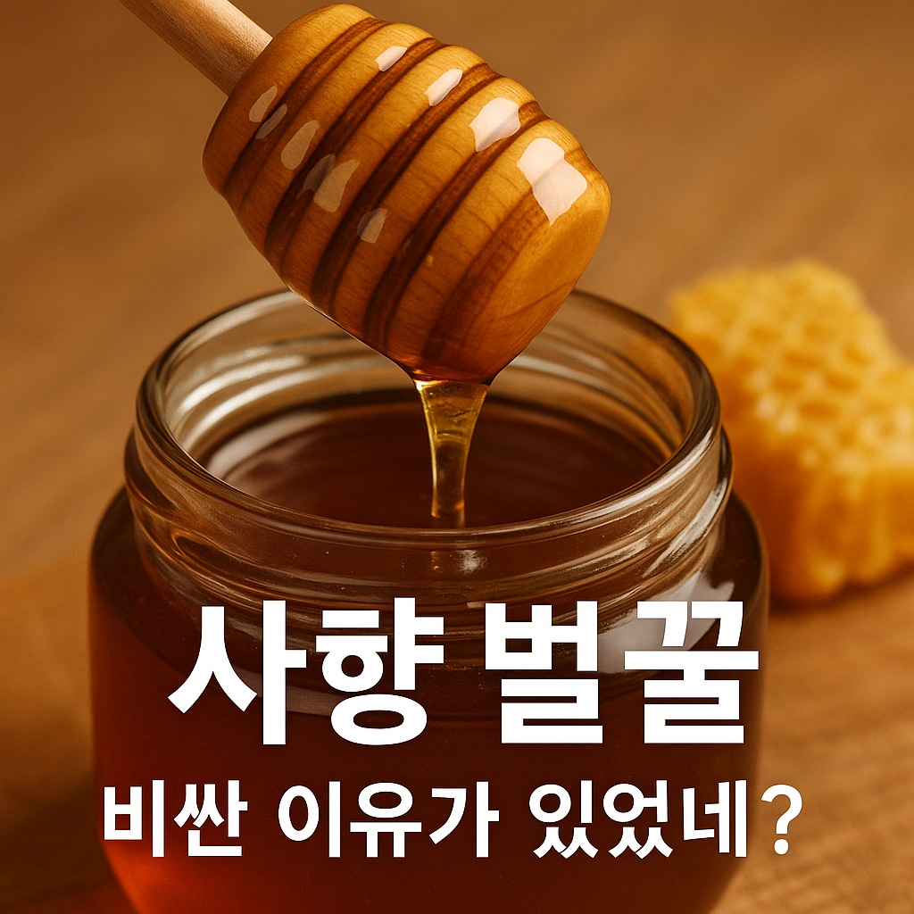 진한 사향벌꿀이 담긴 유리병 위로 꿀이 떨어지는 장면, ‘사향벌꿀 비싼 이유가 있었네?’라는 문구가 강조된 이미지