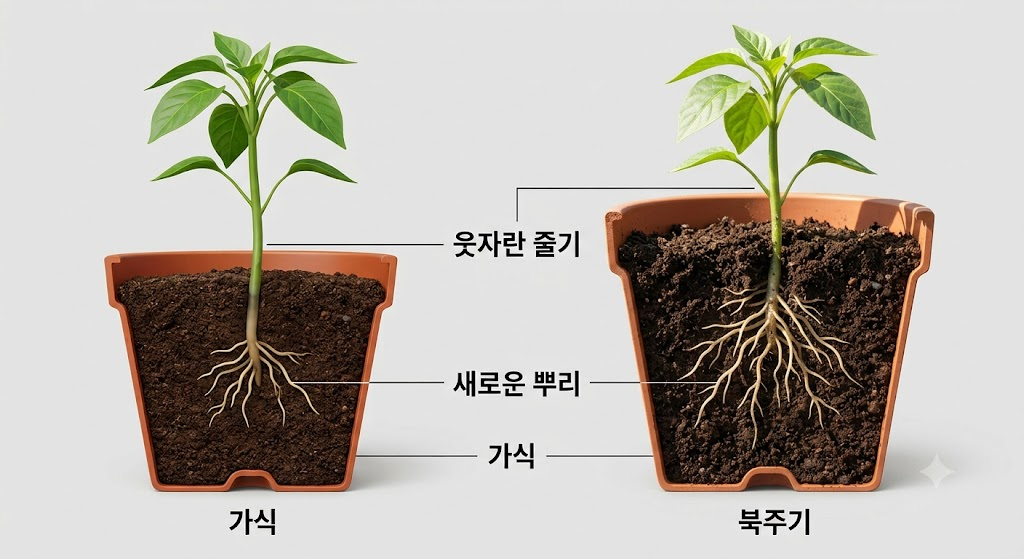 웃자란 고추 모종을 깊게 심어 줄기에서 새로운 뿌리가 발생하도록 유도