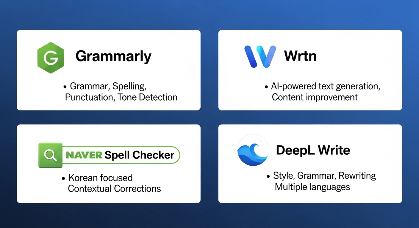 다양한 AI 글쓰기 교정 툴의 특징과 기능을 비교하는 화면, 각 툴의 로고와 주요 기능이 시각적으로 표시되어 있음.