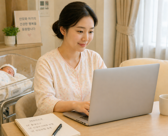 신생아 지원금 신청 절차 진행 중인 산모 모습, 출산 혜택 준비와 육아 지원금 신청