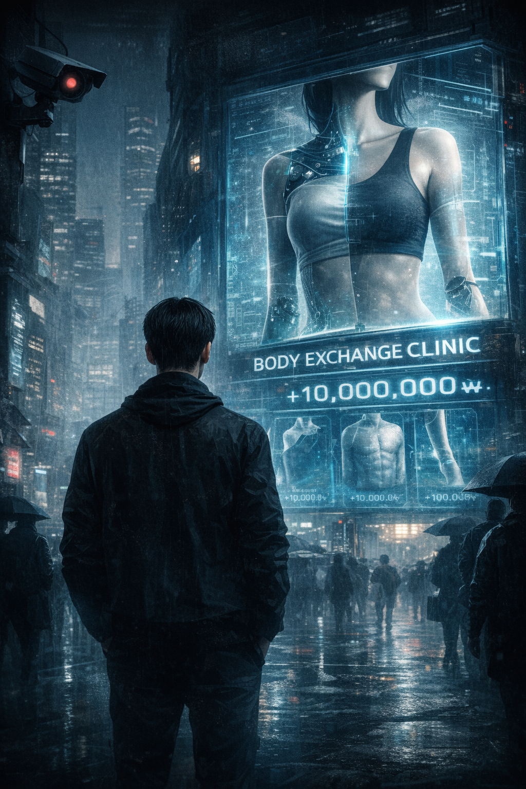 감정이 통제된 미래 디스토피아 도시에서 신체 교환 클리닉 광고와 감시 카메라 아래 한 남자가 거대한 몸 거래 광고판을 바라보는 장면을 표현한 SF 연재소설 《감정이 사라진 세계》 2화 대표 이미지