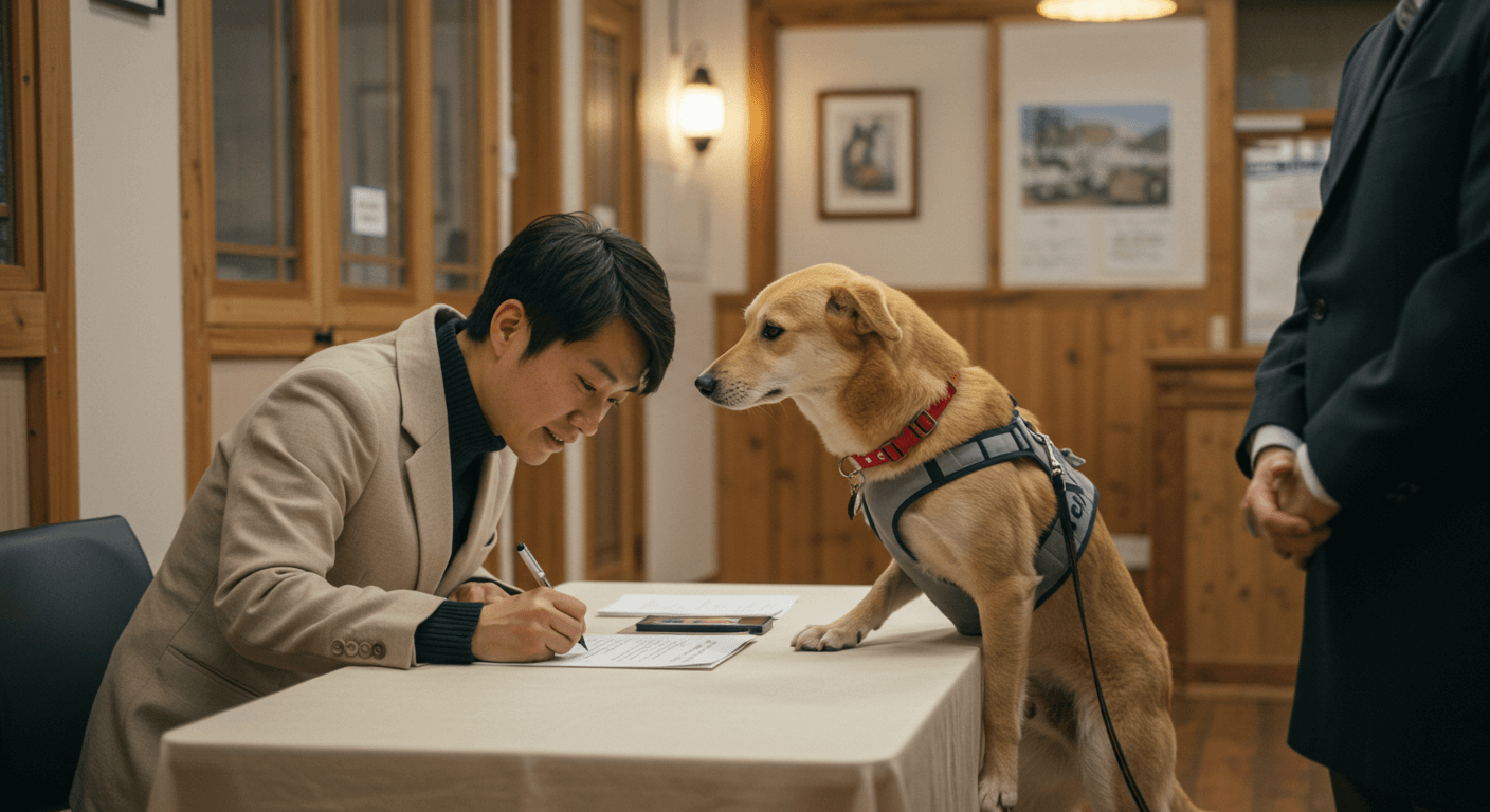 happy rescued shelter dog being adopted, person signing adoption papers at animal shelter