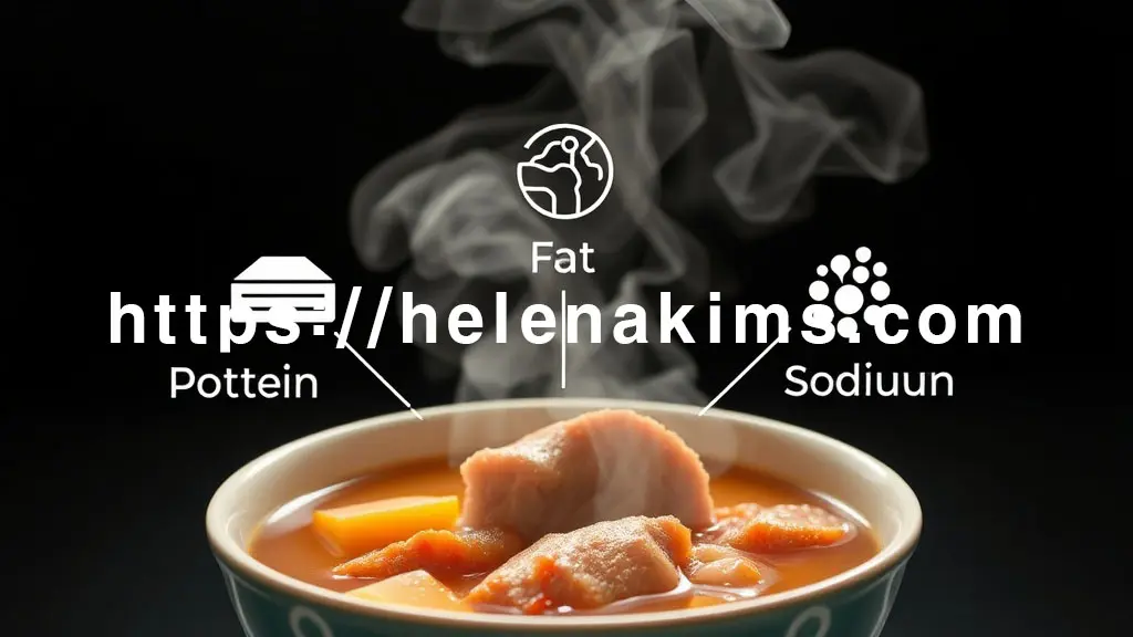 김이 나는 감자탕이 클로즈업되어 있다. 각각 단백질, 지방, 나트륨을 상징하는 세련된 그래픽 아이콘의 이미지.