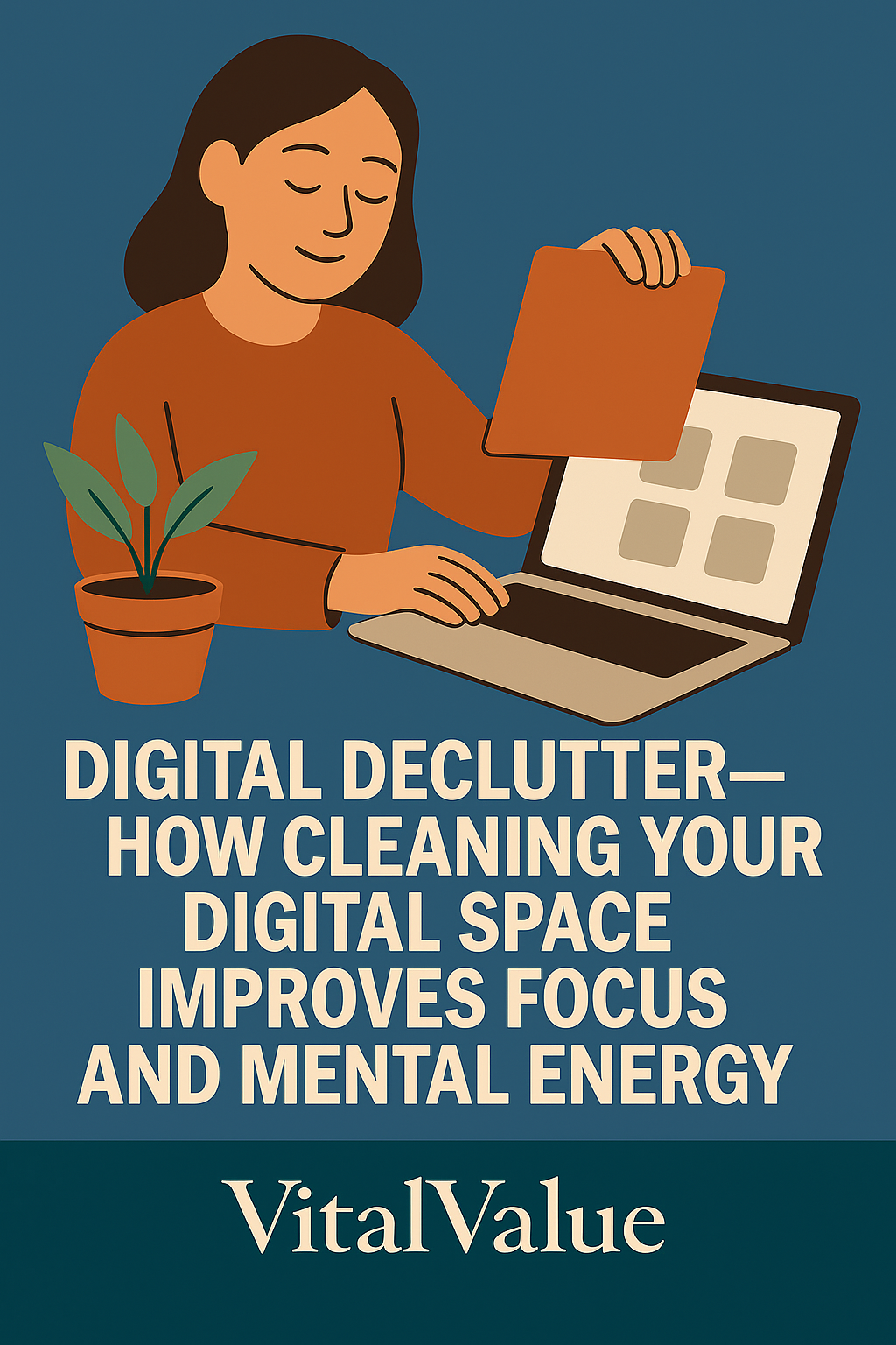 A flat-style VitalValue illustration showing a person organizing digital files on a laptop, symbolizing how decluttering improves focus and mental energy — VITALVALUE.