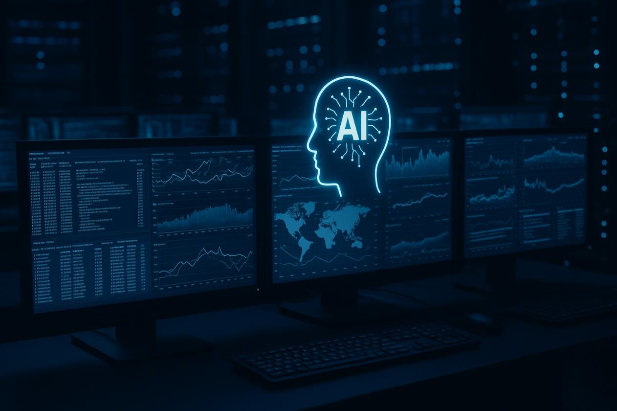 AI 아이콘과 함께 모니터에 네트워크 로그와 그래프가 표시된 장면.