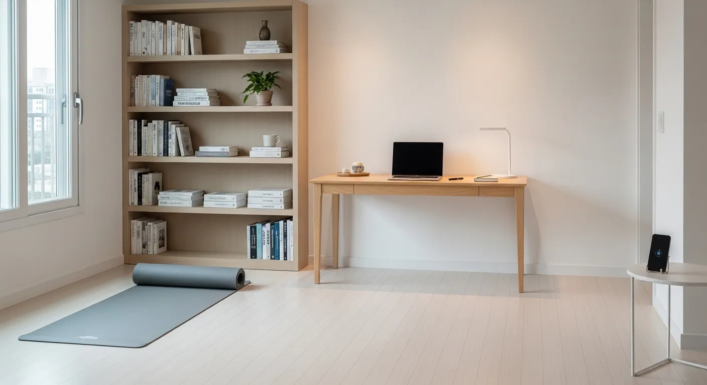 정돈된 한국 아파트 작업 공간에 요가 매트가 놓여 있고, 스마트폰은 멀리 떨어져 있어 자기계발을 위한 최적화된 환경을 보여준다.