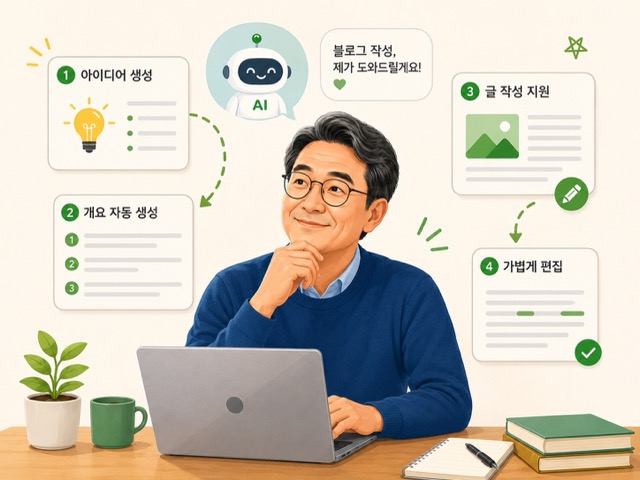 AI 도구의 도움을 받아 중장년 블로거가 아이디어 생성부터 글 작성과 편집까지 진행하는 모습