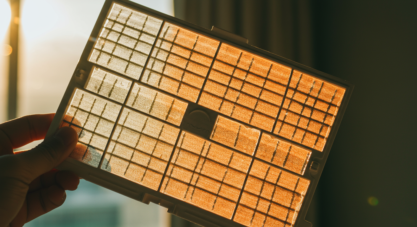 깨끗하게 청소된 창문형 에어컨 필터를 들고 있는 손의 클로즈업 사진. 필터의 깨끗함과 시원함이 강조됩니다.