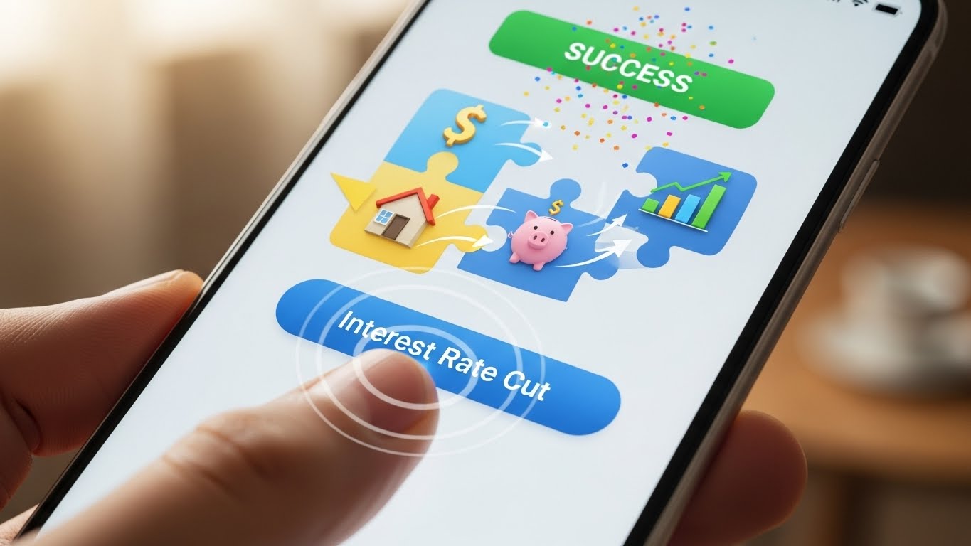 Intuitive image of pressing the 'Interest Rate Cut' button on a smartphone screen, causing puzzle pieces to fit together and displaying a 'Success' message.