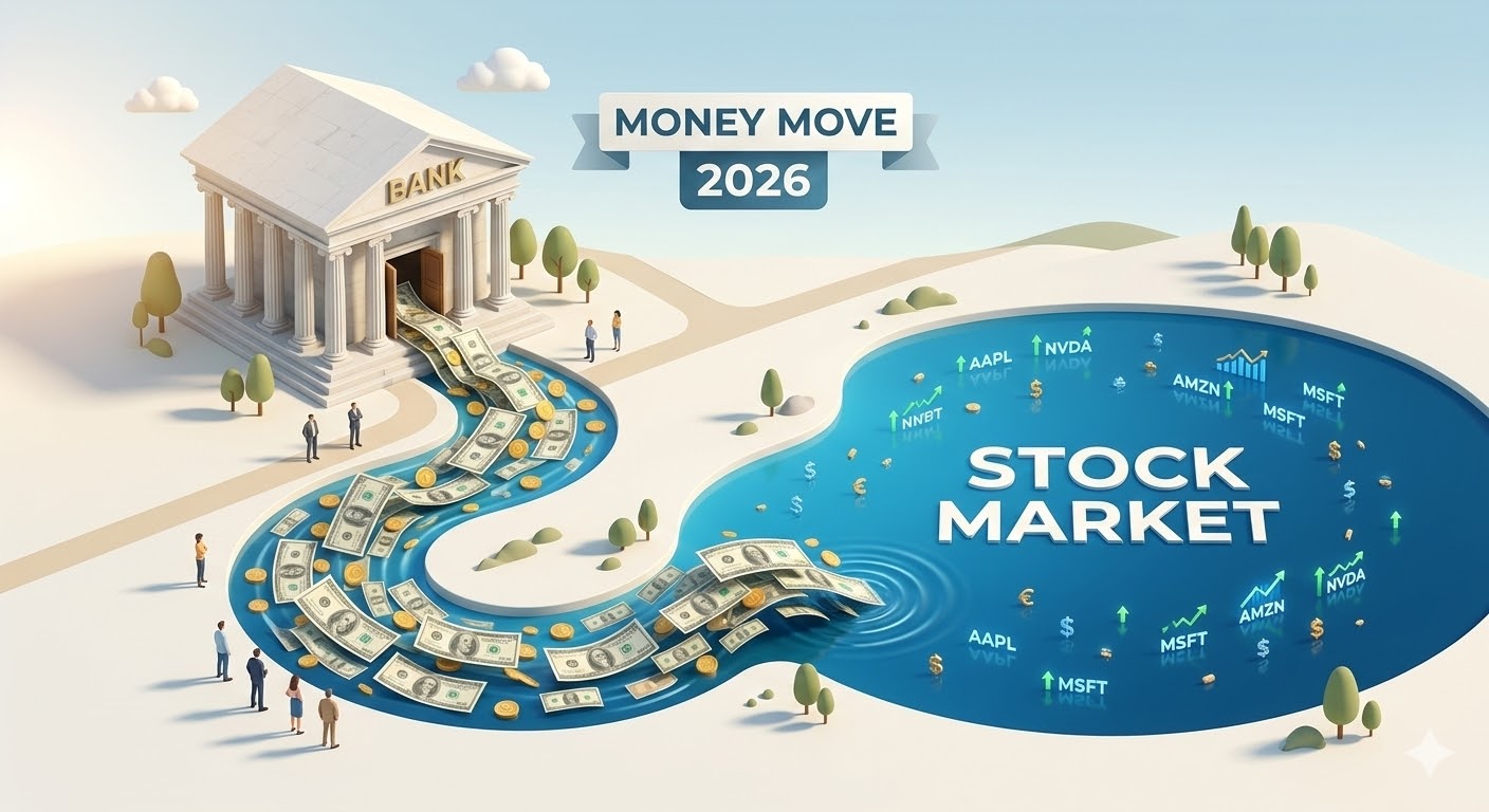 은행 건물에서 쏟아져 나온 돈의 파도가 증시(Stock Market)라고 적힌 거대한 호수로 흘러 들어가는 인포그래픽